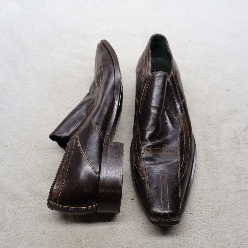 Kenneth Cole Mens 9 Loafers Brown Leather Stitched Square Toe Slip On Classic